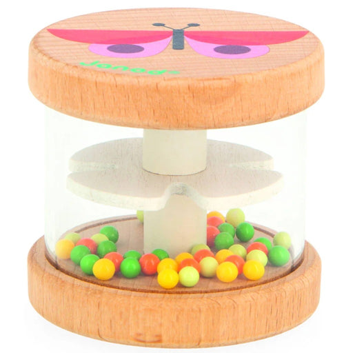 Janod's wooden rattle with colorful beads with butterfly and flower design on a white background.