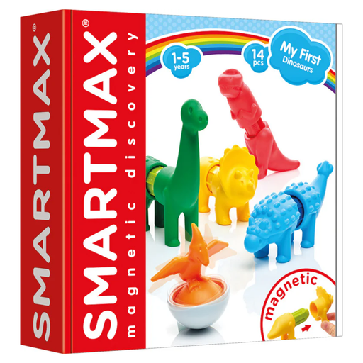 SmartMax magnetic discovery toy set packaging with colorful dinosaur figures on a white background.