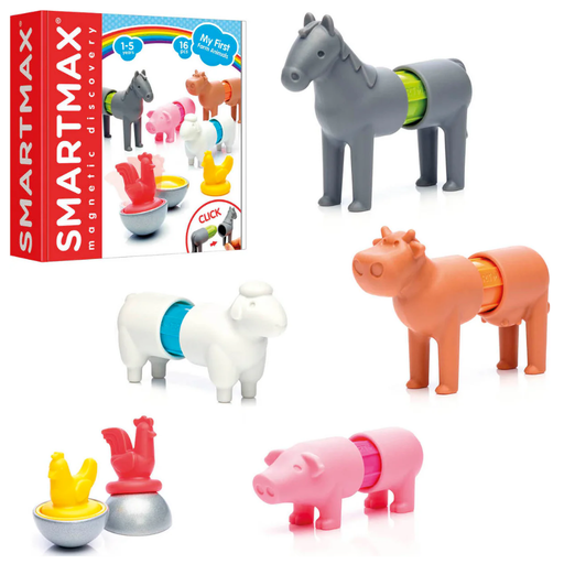 SmartMax magnetic building set with animal figures and packaging on a white background. 