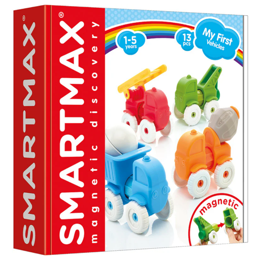 SmartMax magnetic discovery toy set packaging with colorful vehicles in a red and white box.