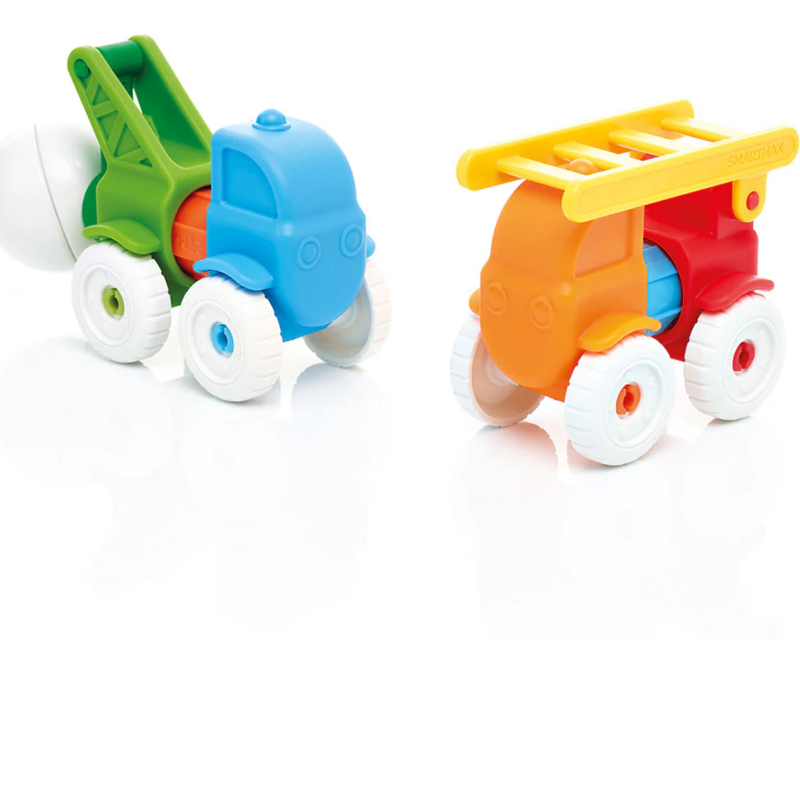 Two toy trucks, one green and blue, the other orange and red, on a white background.