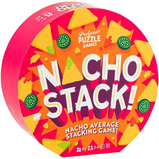 Board game box for 'Nacho Stack!' by Professor Puzzle Games with colorful design.