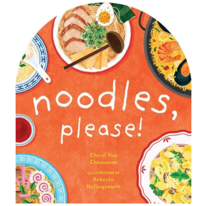Book cover of 'noodles, please!' with illustrations of noodles and a spoon on an orange background.