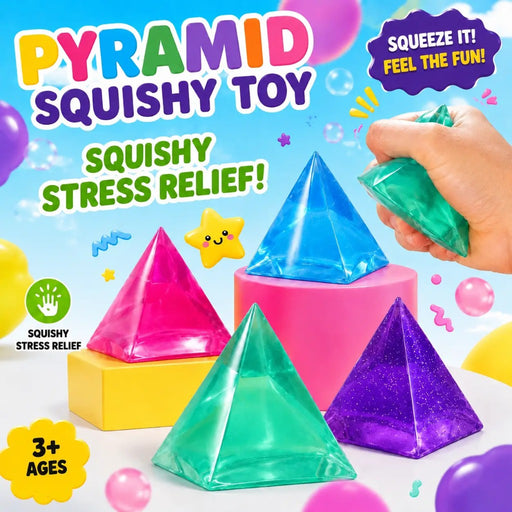 Brightly colored pyramid shaped squishy toys on blue and white background.  Pyramid colors are blue, green, pink, and purple.
