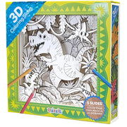 Dazzle 3D Coloring Slides toy set in its retail box, featuring a dinosaur-themed 3D diorama with a black and white coloring page visible through a window, surrounded by colorful dinosaur illustrations and colored pencils.