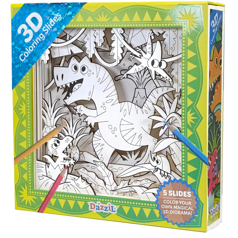 Dazzle 3D Coloring Slides toy set in its retail box, featuring a dinosaur-themed 3D diorama with a black and white coloring page visible through a window, surrounded by colorful dinosaur illustrations and colored pencils.