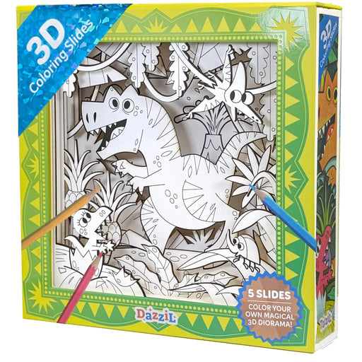Dazzle 3D Coloring Slides toy set in its retail box, featuring a dinosaur-themed 3D diorama with a black and white coloring page visible through a window, surrounded by colorful dinosaur illustrations and colored pencils.