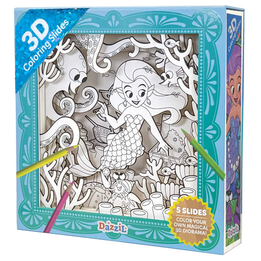 Dazzit 3D Coloring Slides packaging with mermaid design and colored pencils.