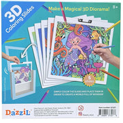 Dazzil Toys 3D Coloring Slides set in its retail packaging, featuring colorful underwater mermaid illustrations on five sliding sheets, shown with hands holding colored pencils and a transparent holder.