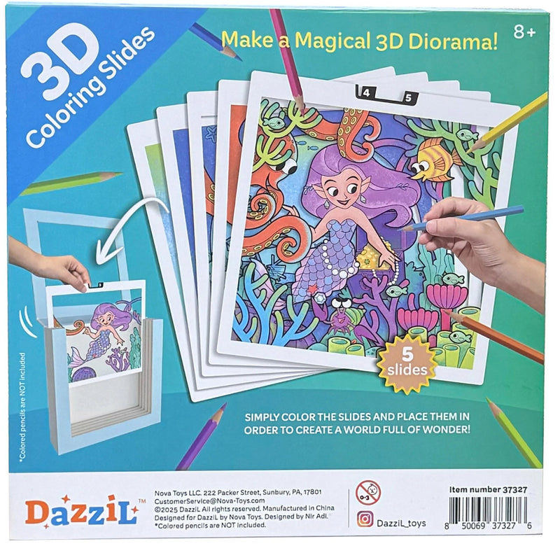 Dazzil Toys 3D Coloring Slides set in its retail packaging, featuring colorful underwater mermaid illustrations on five sliding sheets, shown with hands holding colored pencils and a transparent holder.