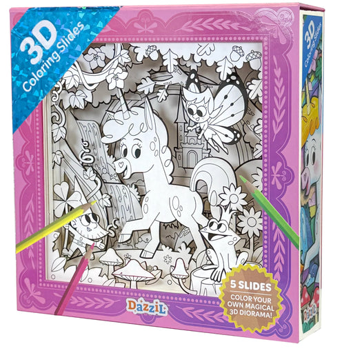 Dazzit 3D Coloring Slides box featuring a colorful illustration of a unicorn, fairy, and castle on the front, with a blue '3D Coloring Slides' banner and a yellow '5 Slides' badge.
