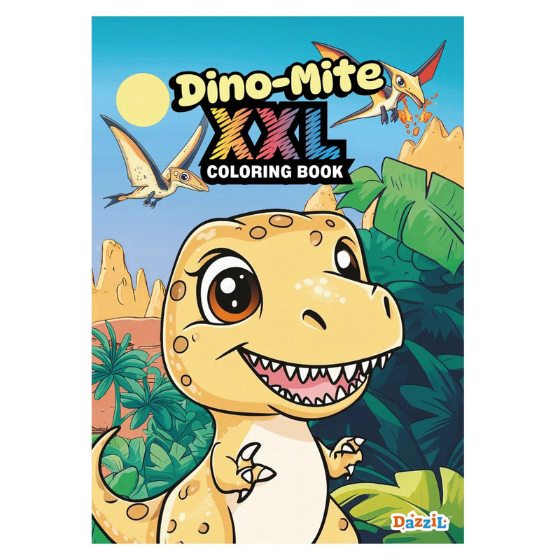 Coloring book cover with a dinosaur illustration and 'Dino-Mite XXL Coloring Book' text.