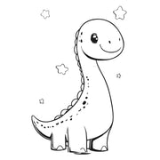 Black and white illustration of a cute dinosaur with stars around on a white background