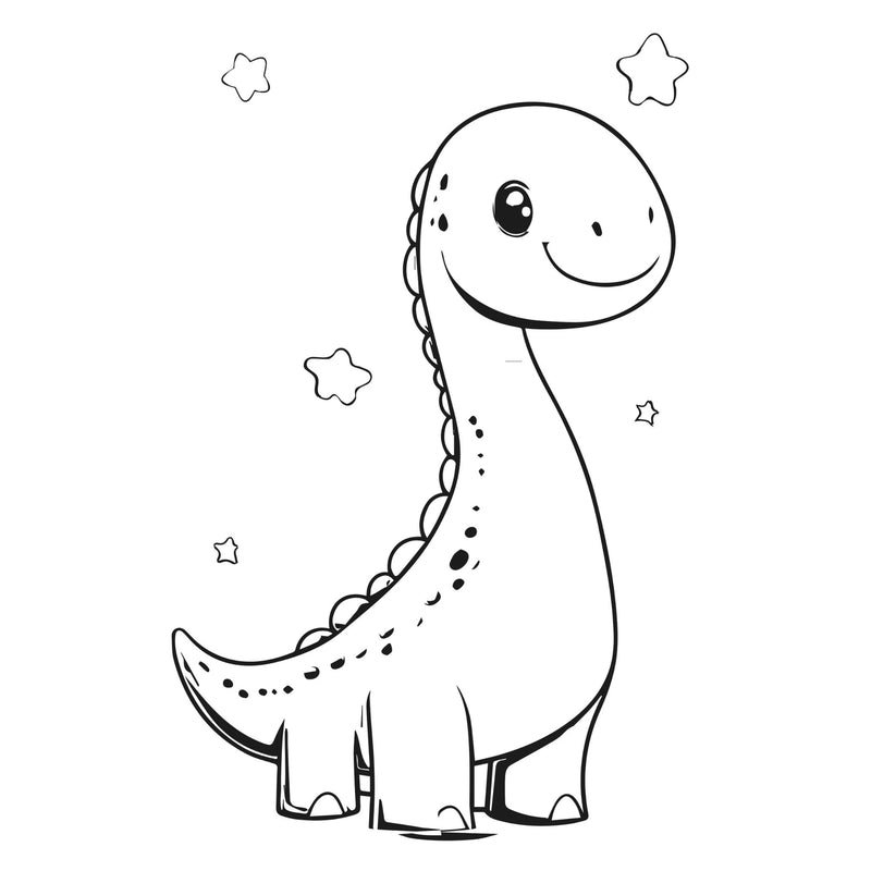 Black and white illustration of a cute dinosaur with stars around on a white background