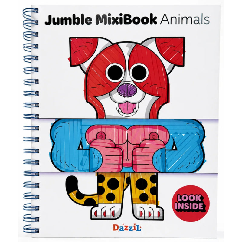 Jumble MixiBook Animals children's activity book cover by Dazzl!, featuring a colorful cartoon animal design with a spiral binding on a white background.