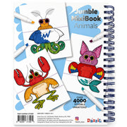 Jumble MixiBook Animals coloring book with spiral binding, featuring cartoon animal illustrations and several white markers placed on the cover. 