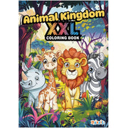 Front cover of the 'Animal Kingdom XXL Coloring Book' by Dazz, featuring colorful cartoon illustrations of a lion, giraffe, zebra, and rhinoceros in a lush jungle setting.