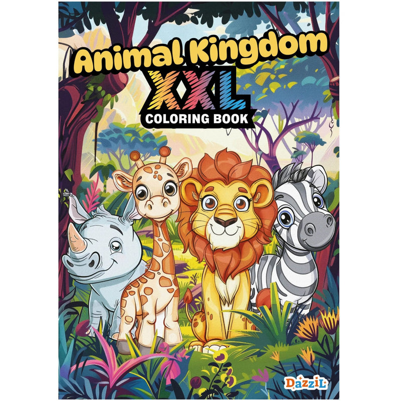 Front cover of the 'Animal Kingdom XXL Coloring Book' by Dazz, featuring colorful cartoon illustrations of a lion, giraffe, zebra, and rhinoceros in a lush jungle setting.