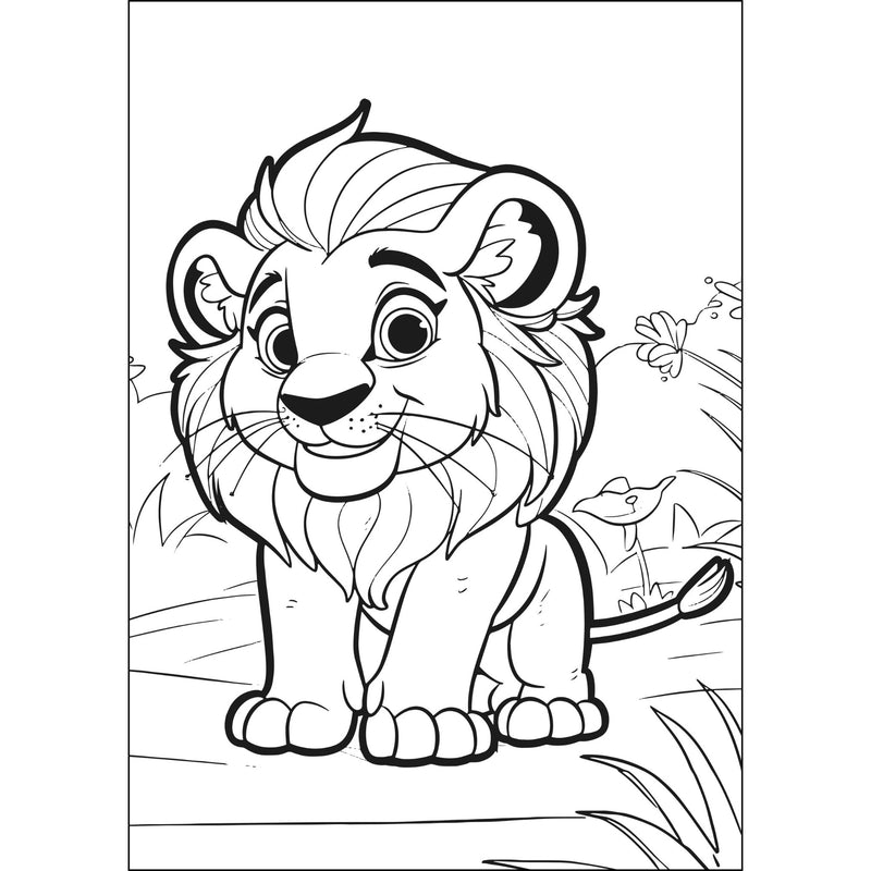 Black and white line art coloring page featuring a cute cartoon lion cub sitting in a grassy field with flowers and a bird in the background.