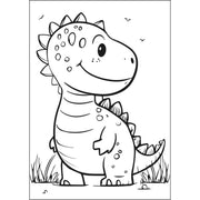 Black and white cartoon dinosaur coloring page featuring a cute smiling baby T-Rex standing in grass.