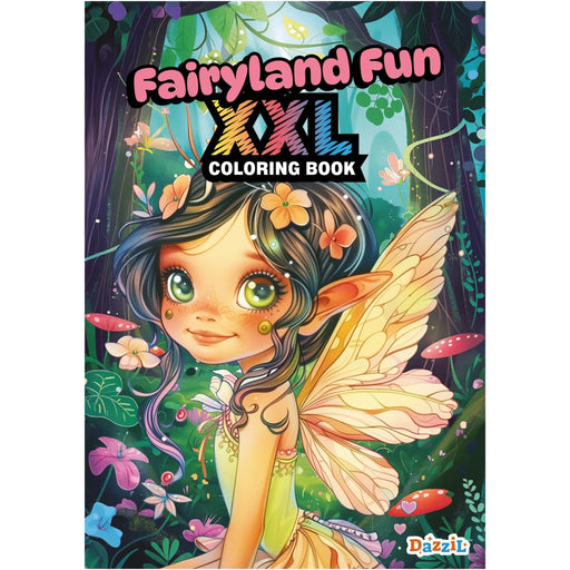 Fairyland Fun XXL Coloring Book cover featuring a colorful fantasy illustration of an elf fairy with green eyes, large wings, and flowers in a magical forest. The title 'Fairyland Fun XXL Coloring Book' is displayed at the top, and the 'Dazzb' brand logo is visible in the bottom right corner.