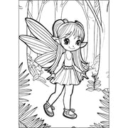 Black and white illustration of a fairy in a forest setting
