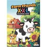 Front cover of the children's coloring book 'Farm Friends XXL Coloring Book' by Dazz. The cover features a colorful cartoon illustration of a black-and-white cow, a yellow sunflower, a small brown puppy, and a wooden farmhouse under a blue sky.