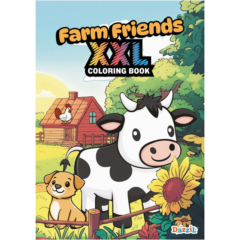 Front cover of the children's coloring book 'Farm Friends XXL Coloring Book' by Dazz. The cover features a colorful cartoon illustration of a black-and-white cow, a yellow sunflower, a small brown puppy, and a wooden farmhouse under a blue sky.