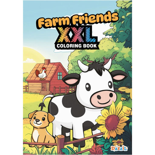 Front cover of the children's coloring book 'Farm Friends XXL Coloring Book' by Dazz. The cover features a colorful cartoon illustration of a black-and-white cow, a yellow sunflower, a small brown puppy, and a wooden farmhouse under a blue sky.