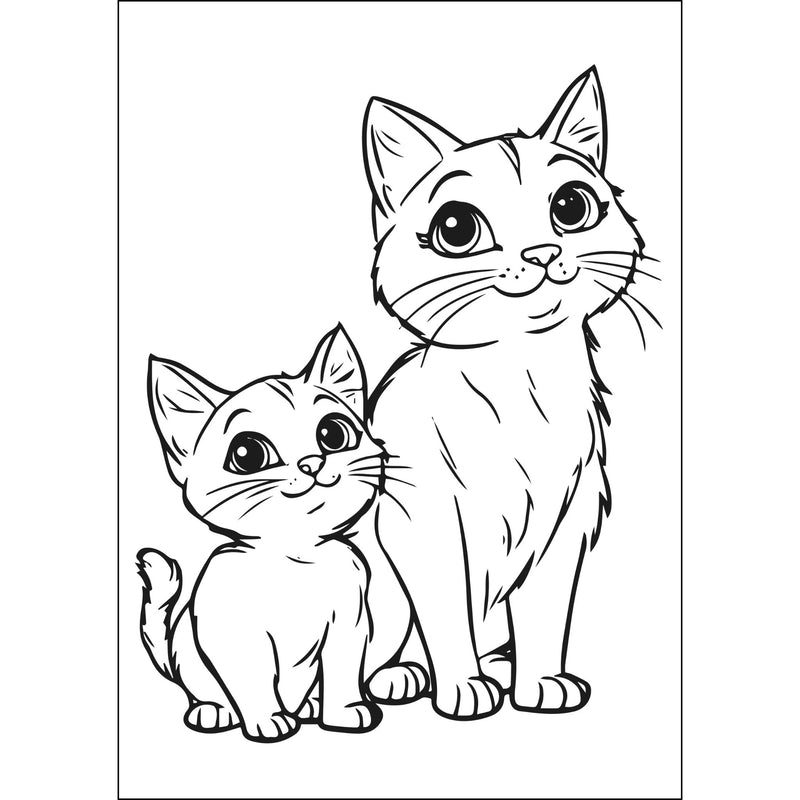 Black and white line art illustration of two cute cartoon cats, one sitting and one standing, on a white background.