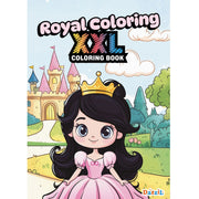 Front cover of a children's coloring book titled 'Royal Coloring XXL Coloring Book' featuring a cartoon princess in a pink dress and gold crown in front of a pastel castle, with the Dazzil logo at the bottom right.