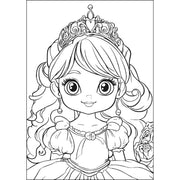 Black and white cartoon royalty coloring page featuring a cute smiling princess.