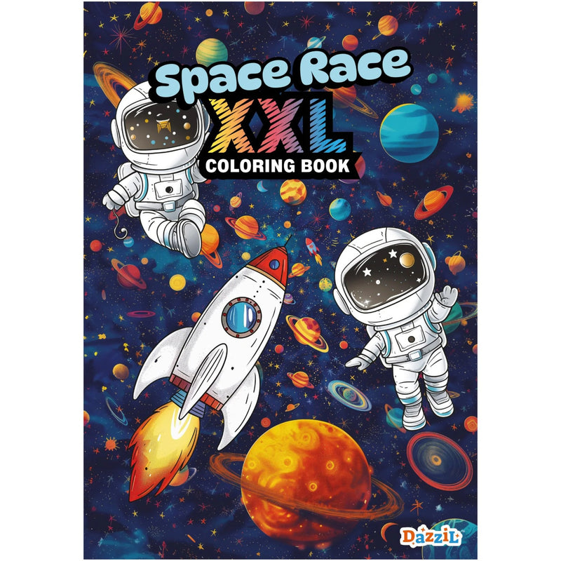 Front cover of a children's coloring book titled 'Space Race XXX Coloring Book' featuring cartoon astronauts, a rocket, and planets on a dark space background. The Dazzle logo appears in the bottom right corner.