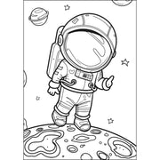 Black and white cartoon astronaut coloring page on a moon surface with planets and stars in the background.