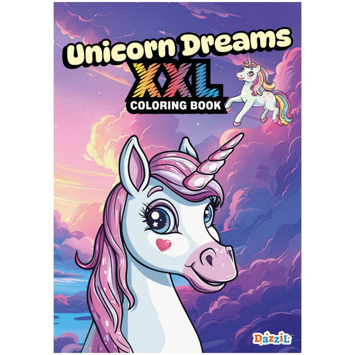 Front cover of the 'Unicorn Dreams XXL Coloring Book' by Dazzit, featuring a colorful cartoon illustration of a white unicorn with a pink mane and horn against a purple and pink cloud-filled sky.