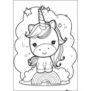 Black and white line art illustration of a cute cartoon unicorn sitting on a rainbow, with stars and cloud shapes around it, shown on a white background.