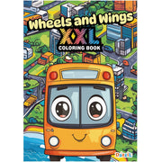 Front cover of the children's coloring book 'Wheels and Wings XXL Coloring Book' featuring a large smiling orange bus with cartoon eyes on a colorful cityscape background. The Dazzb brand logo is visible in the bottom right corner.