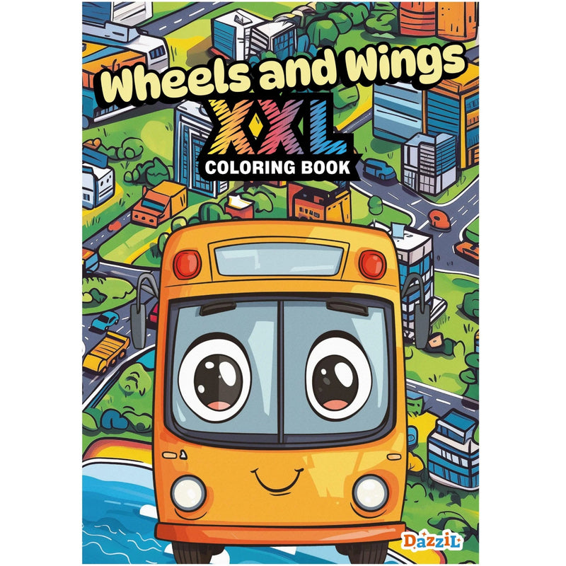 Front cover of the children's coloring book 'Wheels and Wings XXL Coloring Book' featuring a large smiling orange bus with cartoon eyes on a colorful cityscape background. The Dazzb brand logo is visible in the bottom right corner.