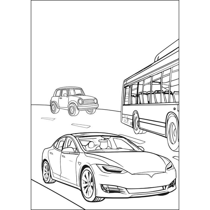 Black and white line art illustration of a Tesla Model S sedan, a Mini Cooper, and a transit bus on a road, presented on a white background with a thin black border.