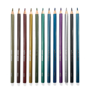 Set of double-ended colored pencils in various colors arranged vertically on black background