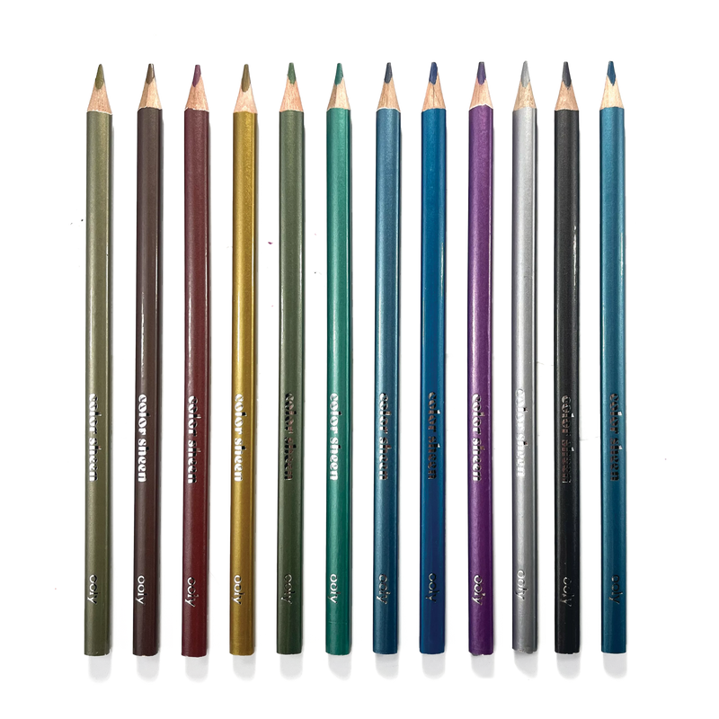 Set of double-ended colored pencils in various colors arranged vertically on black background