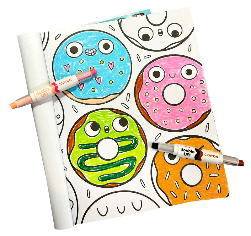 Double-ended OOLY crayons shown alongside colorful donut-themed coloring pages on black background