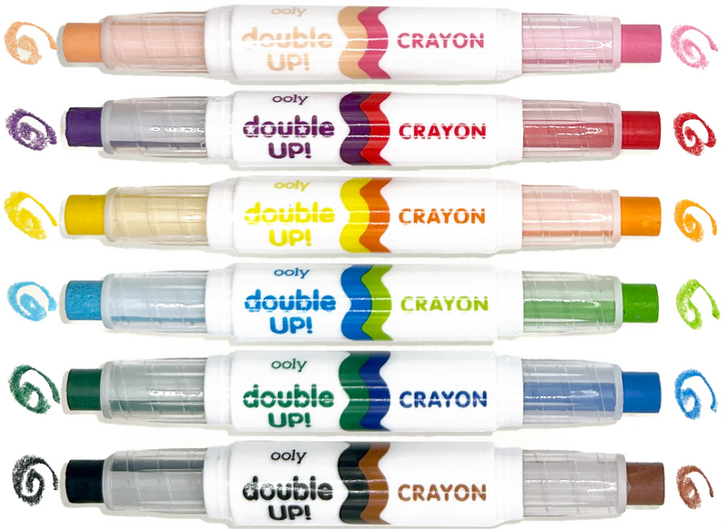 OOLY Double Up double-ended crayons set of six shown with color swatches on white background