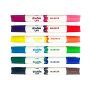 Six OOLY Double Up! double-ended markers arranged vertically showing various color combinations