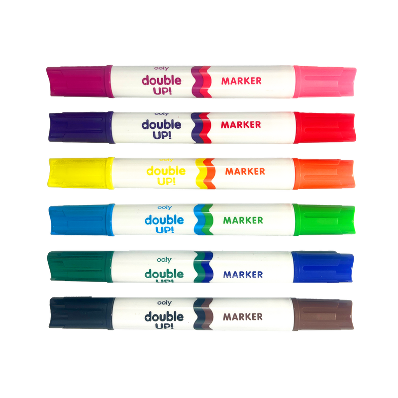 Six OOLY Double Up! double-ended markers arranged vertically showing various color combinations