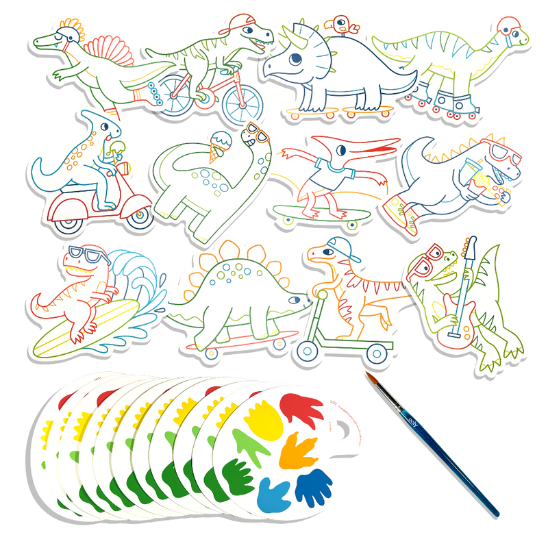 OOLY Playful Painters Watercolor Kit with dinosaur cutouts, paint palette, and brush