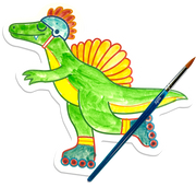 Watercolor painted spinosaurus dinosaur on rollerskates with OOLY paintbrush on black background