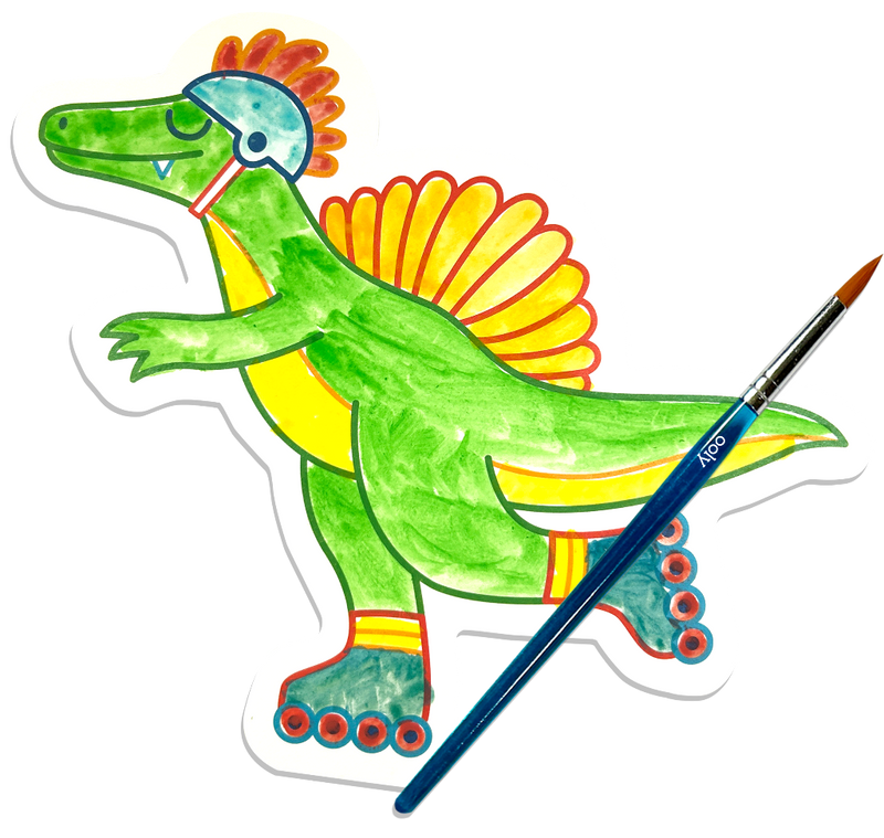 Watercolor painted spinosaurus dinosaur on rollerskates with OOLY paintbrush on black background