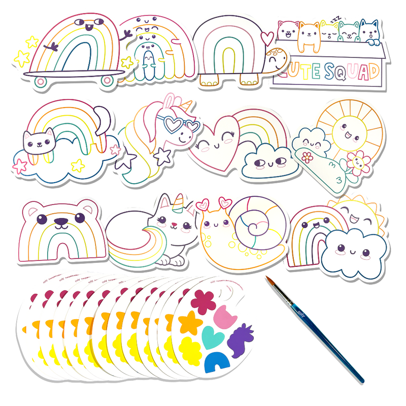 OOLY Rainbow Cuties watercolor kit with cute character cards, paint palette sheets, and brush