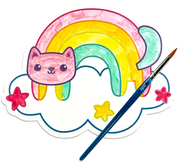 OOLY watercolor kit showing painted rainbow cat on cloud with paintbrush on black background